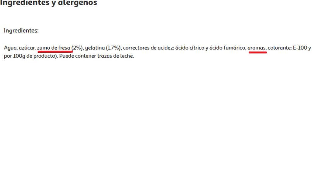 Gelatina destinada al público infantil con ingredientes como zumo de fresa y aromas.