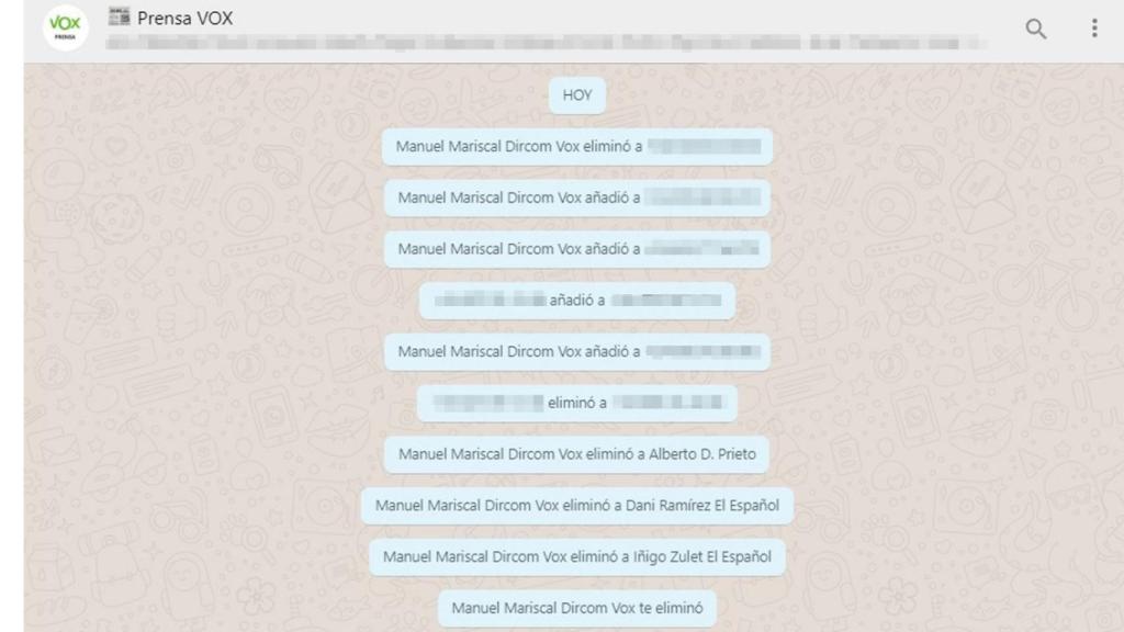 Imagen del grupo de prensa de Vox en WhatsApp.