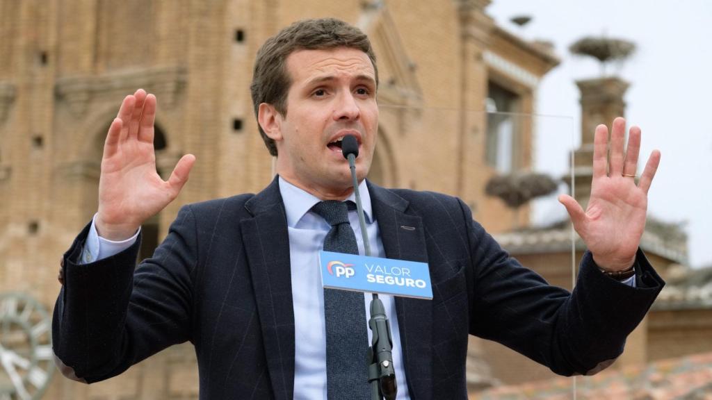 Pablo Casado, durante su intervención en un acto electoral este viernes en Alfaro (La Rioja).