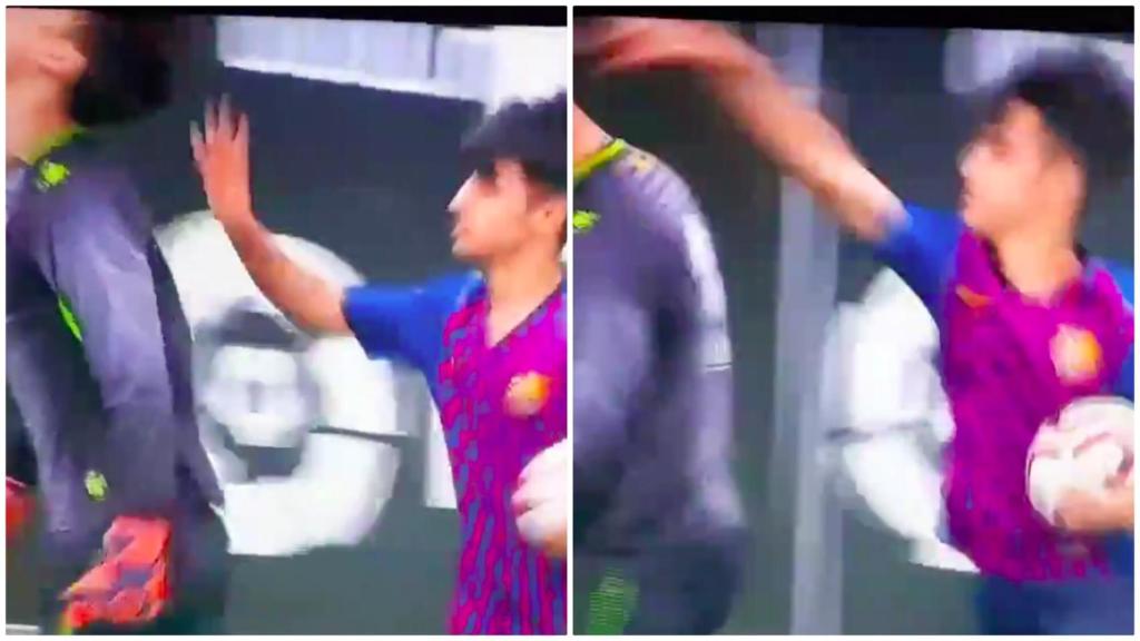 Txus Alba, canterano del Barcelona, da una colleja al portero rival