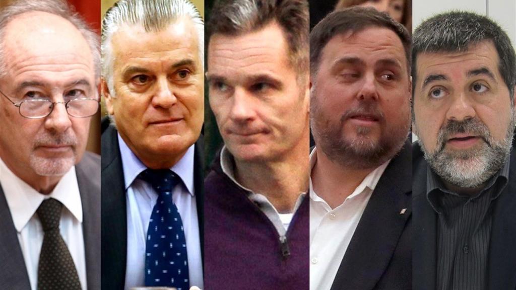 De izquierda a derecha: Rodrigo Rato, Luis Bárcenas, Iñaki Urdangarín, Oriol Junqueras y Jordi Sànchez.