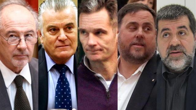 De izquierda a derecha: Rodrigo Rato, Luis Bárcenas, Iñaki Urdangarín, Oriol Junqueras y Jordi Sànchez.
