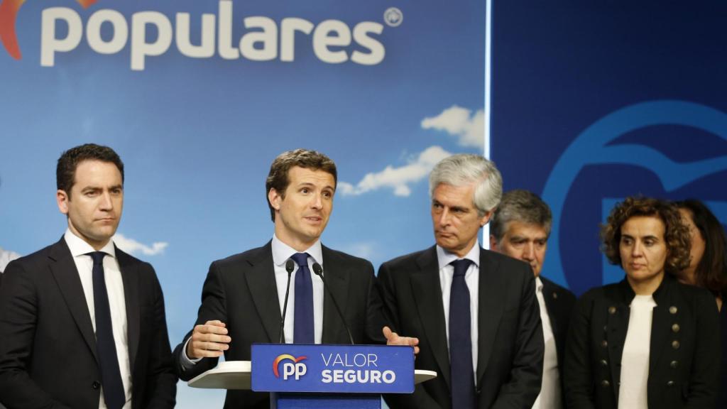 Casado, tras conocer los resultados, en la sede del PP.