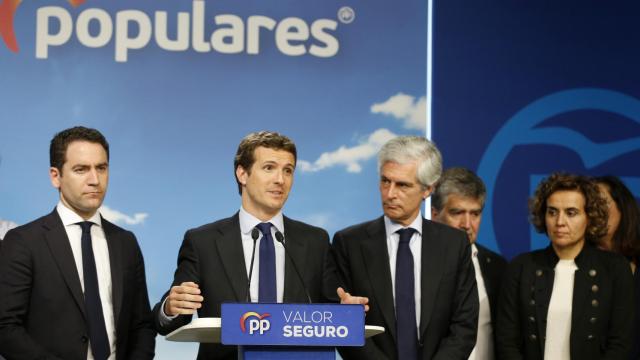 Casado, tras conocer los resultados, en la sede del PP.
