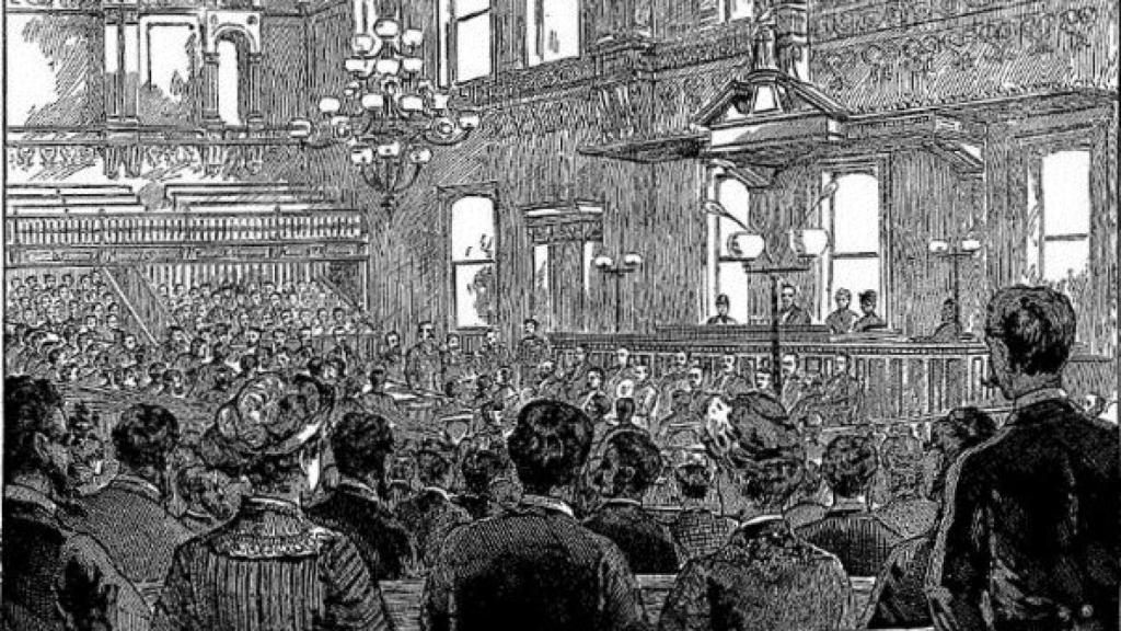Grabado que reproduce uno de los instantes del juicio a los anarquistas