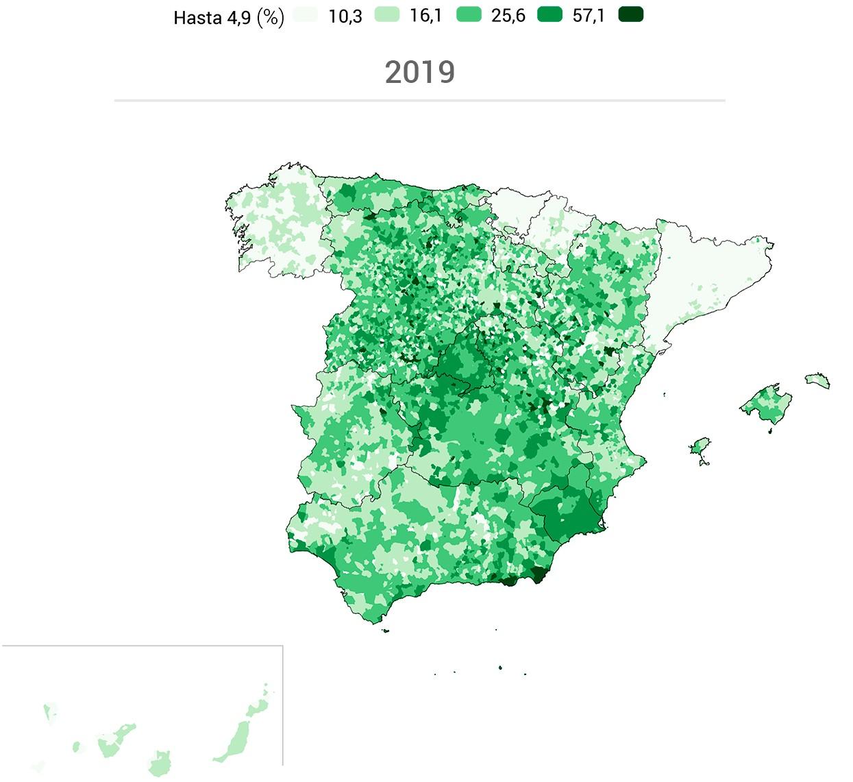 Porcentaje de voto a Vox por municipios (Fuente: RTVE)