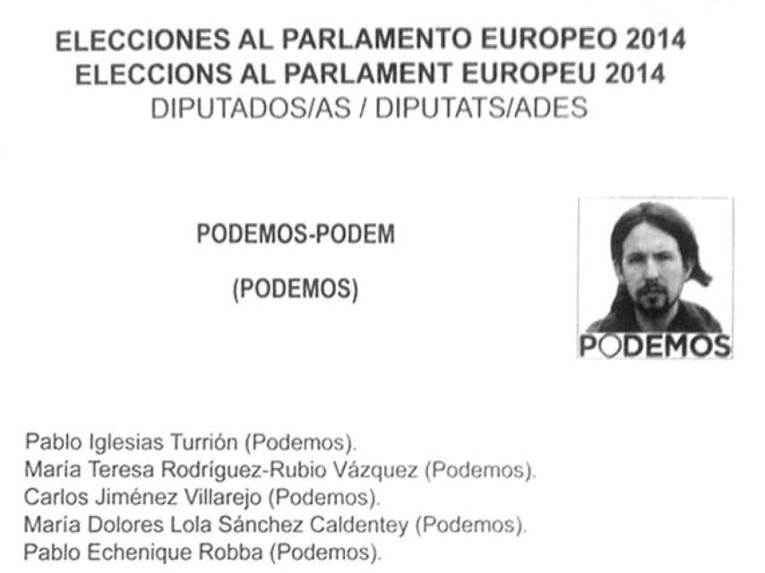 Papeleta de Podemos en las elecciones europeas de 2014.
