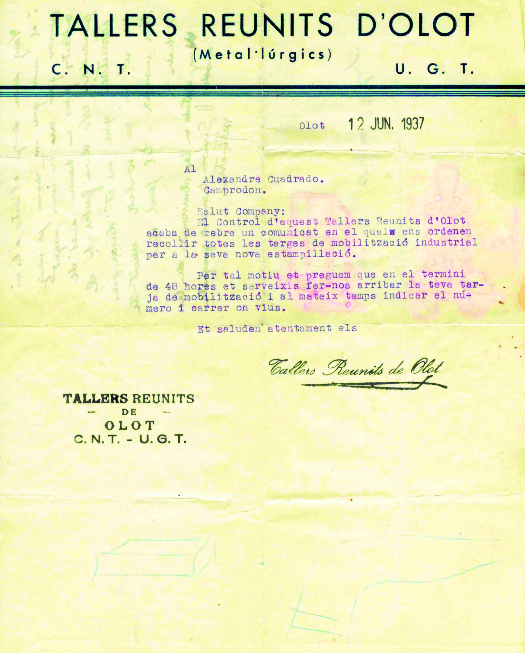 Documentación de Alejandro Cuadrado como trabajador de la fábrica de Olot.