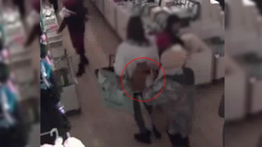 Momento en el que la carterista salmantina, de 70 años, abre la mochila de su víctima.