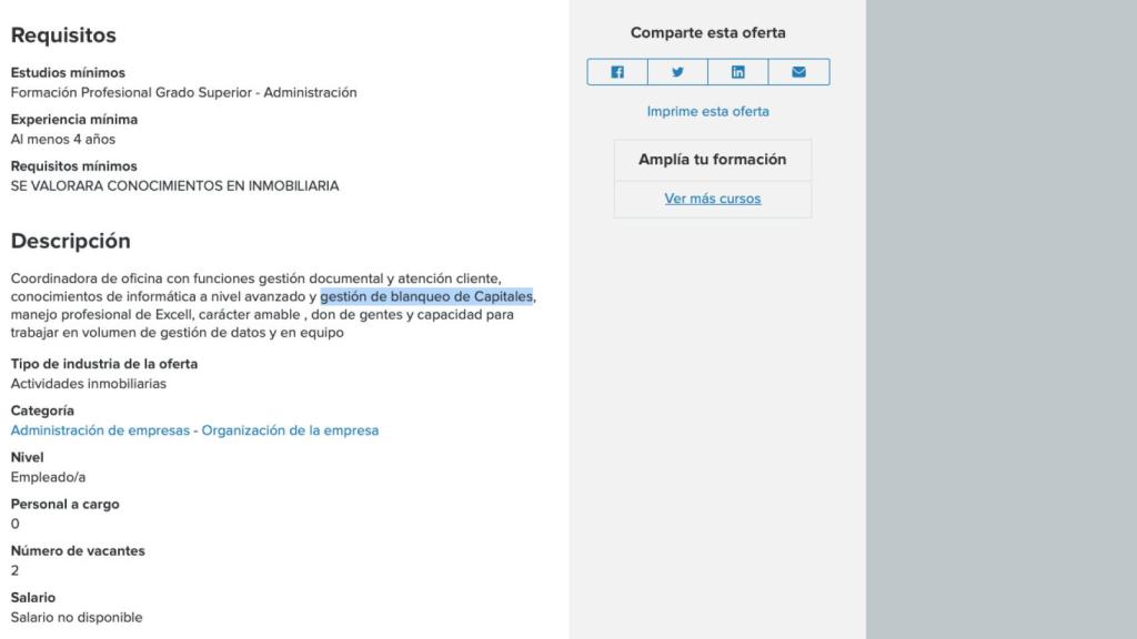 'Pantallazo' de la oferta.
