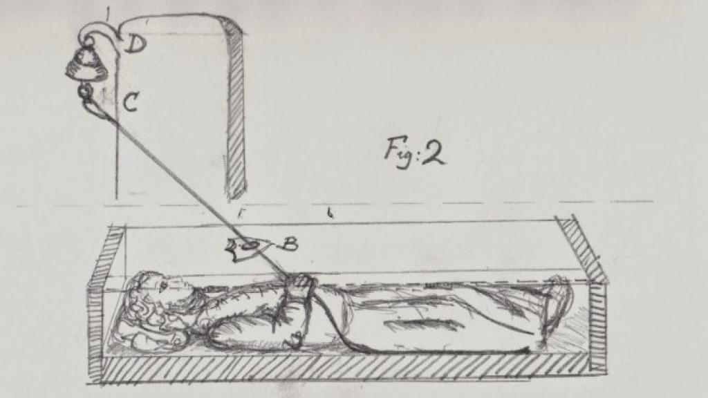 Un croquis de un ataúd con campana.