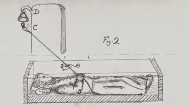 Un croquis de un ataúd con campana.