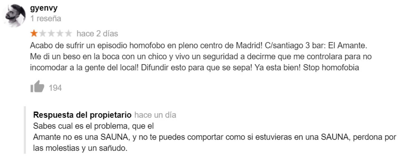 Crítica del usuario ante el acto homófobo y respuesta del propietario del bar El Amante.
