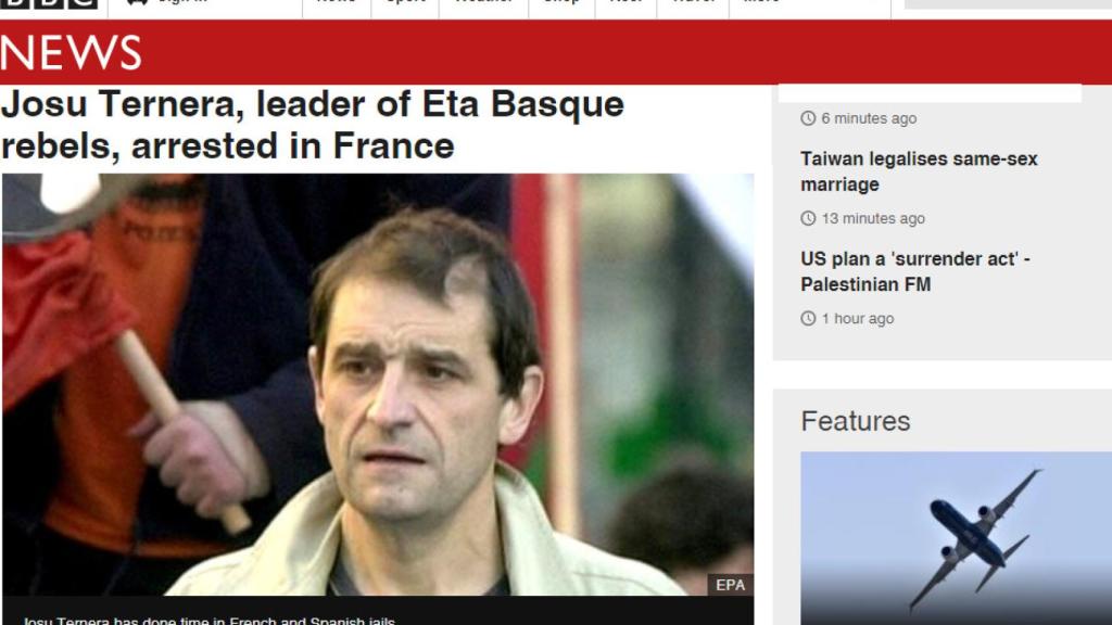 Información de la BBC sobre el arresto de 'Josu Ternera'.