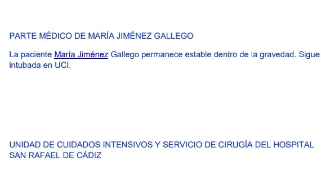 Último parte médico sobre el estado de salud de María Jiménez.