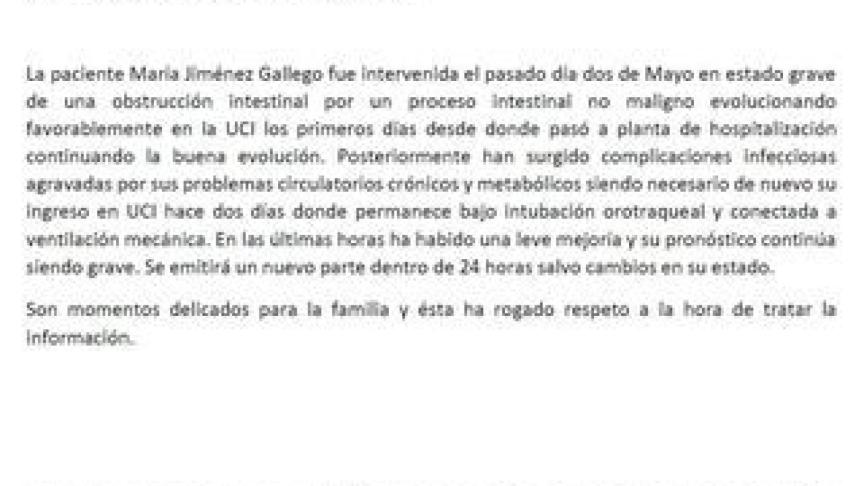 Primer parte médico sobre el estado de salud de María Jiménez.