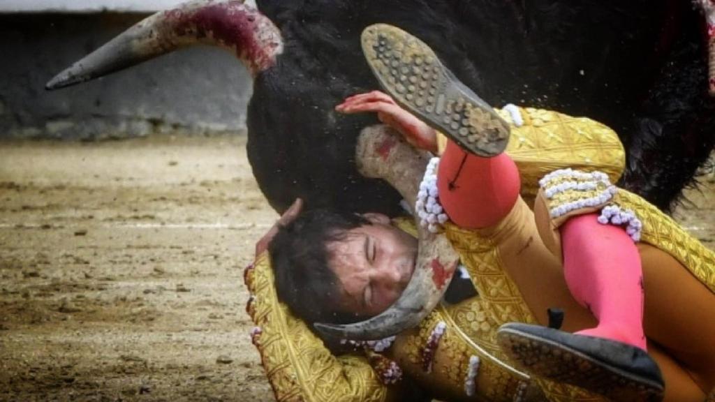 Momento de la cogida a del Álamo, con los pitones rozándole la cara