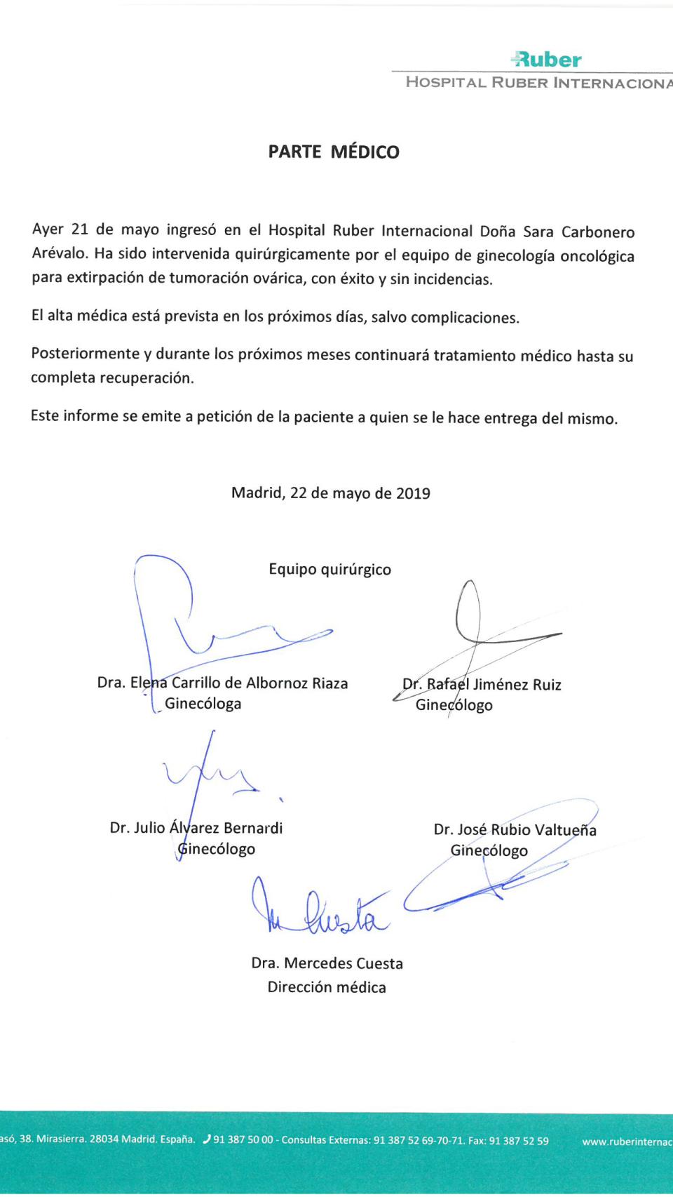 Parte médico de Sara Carbonero.