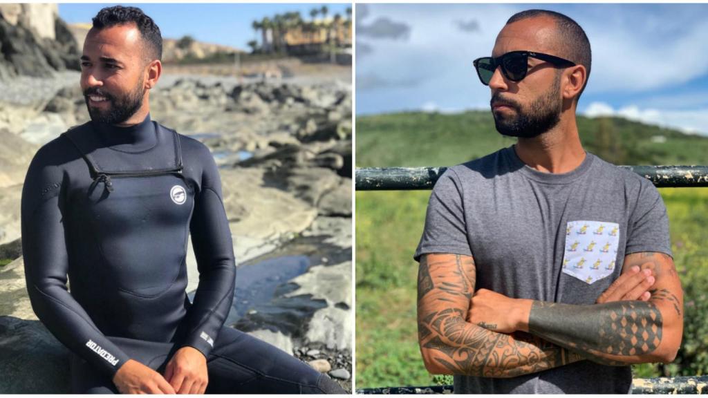 Omar, en su faceta de surfero, y en su pose de modelo con una de sus camisetas.