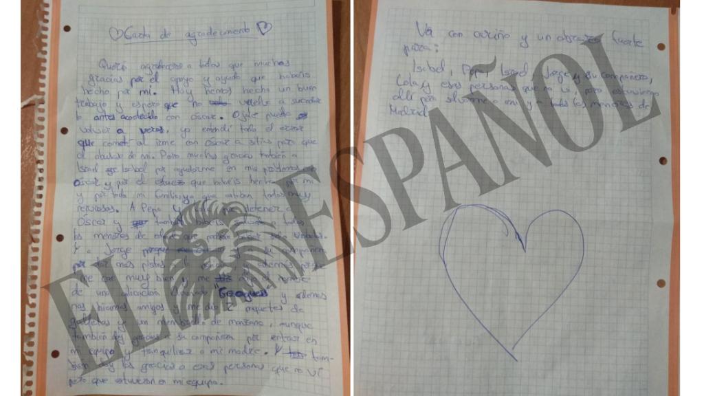 La carta escrita por el menor a los policías que detuvieron a su abusador sexual.