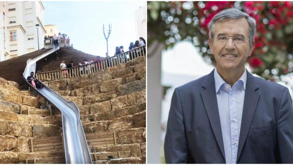 A la izquierda, el famoso tobogán, y a la derecha, el regidor popular, García Urbano.