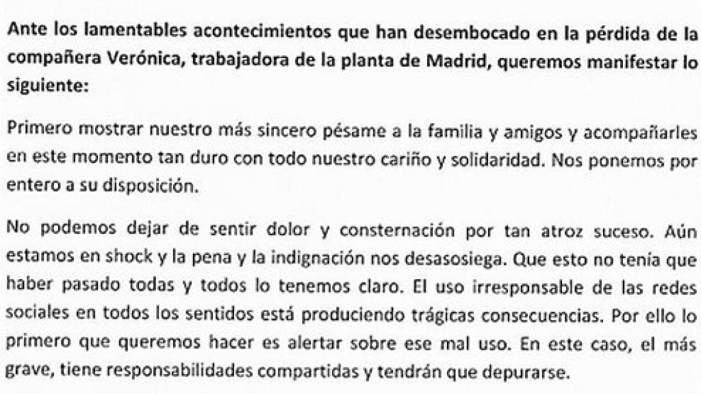 Nota difundida por el Comité de Empresa tras el suicidio de Verónica.