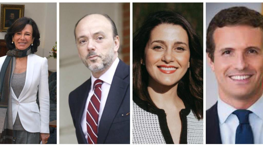 Ana Botín, presidenta del Santander; Javier Monzón, presidente de Prisa; Inés Arrimadas, portavoz parlamentaria de Ciudadanos y Pablo Casado, presidente del PP.