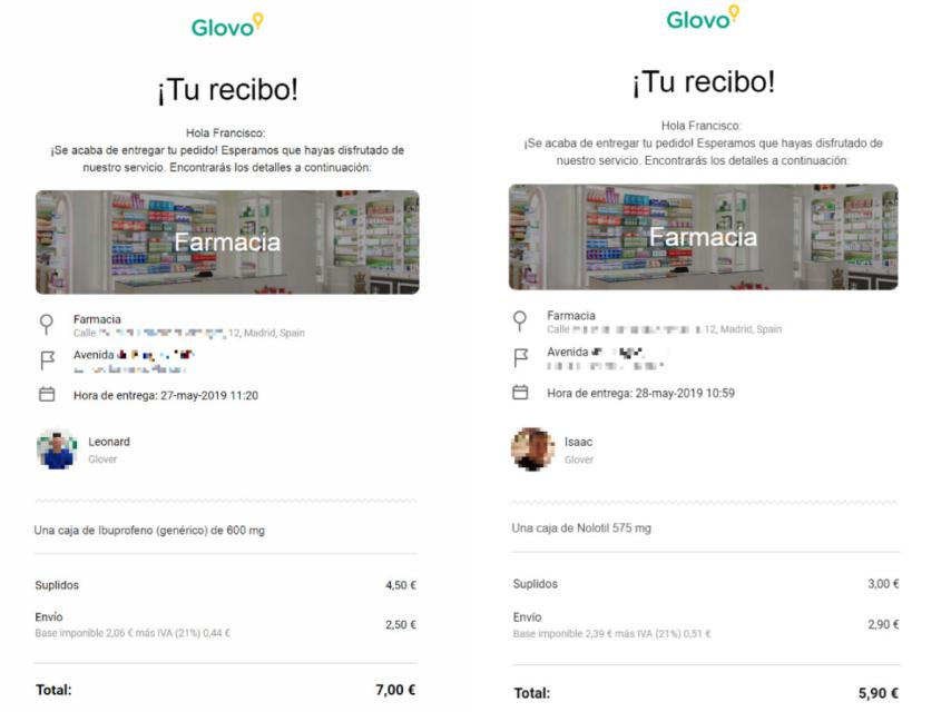 Recibos de la adquisición a través de Glovo de medicamentos que precisan receta