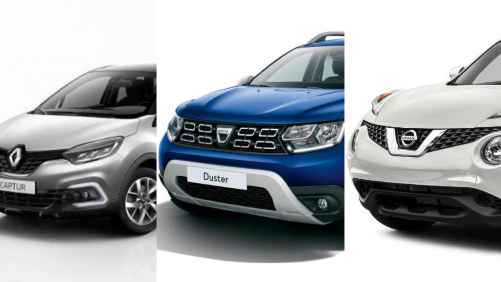 Fotomontaje de un Renault Captur, un Dacia Duster y un Nissan Juke.