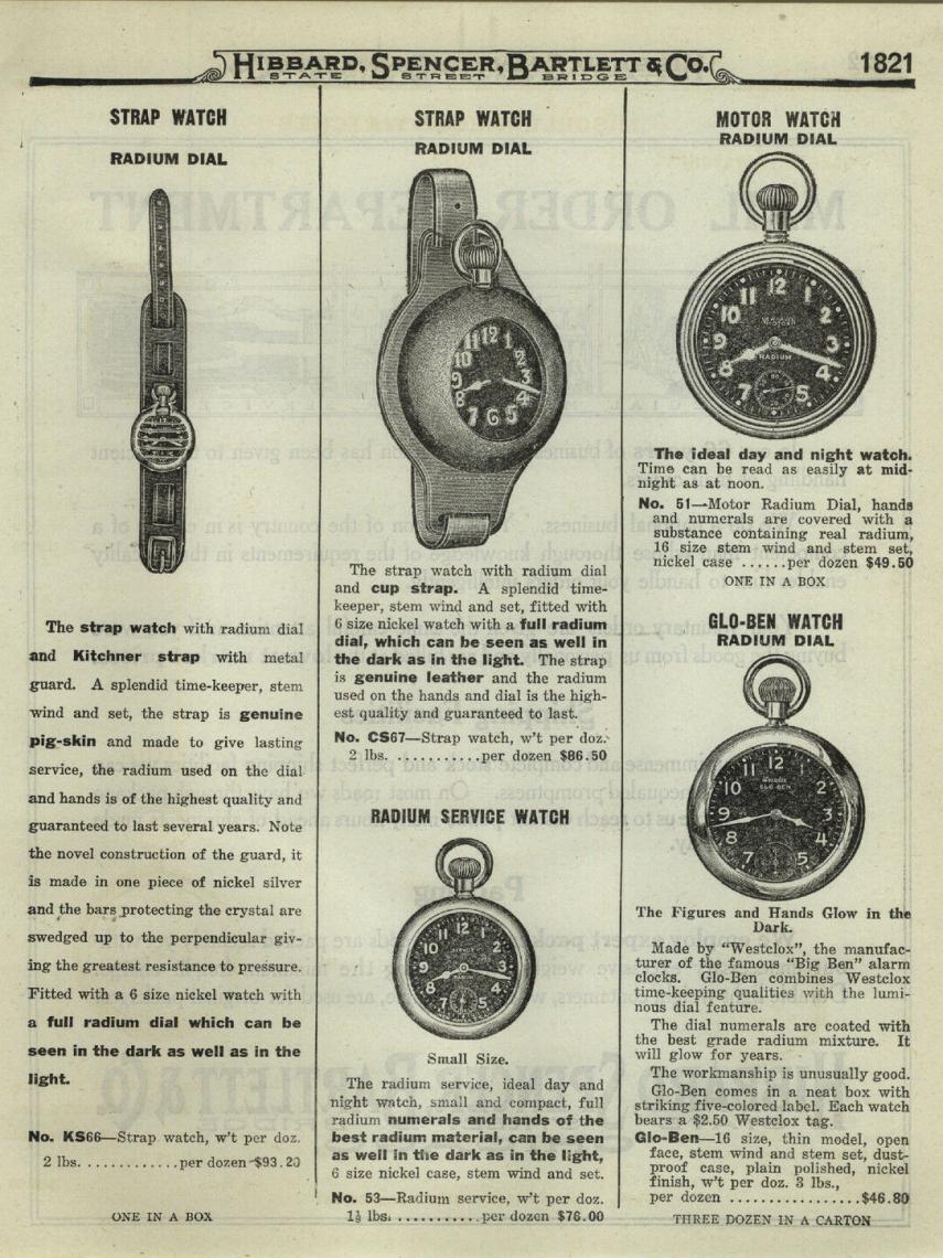 Anuncio de los relojes pintados con pintura con radio, para que brillara en la oscuridad.