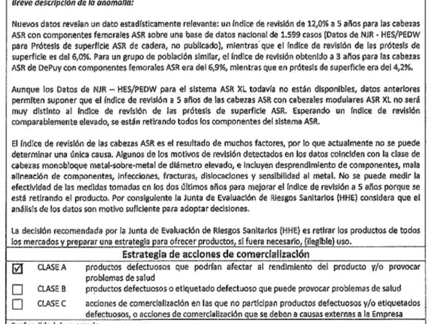 Documento en el que Johnson&Johnson reconocía ante la FDA los defectos de los implantes.