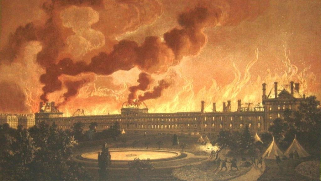 Litografía del incendio provocado por miembros de la Comuna en el Palacio de las Tullerías (1873).
