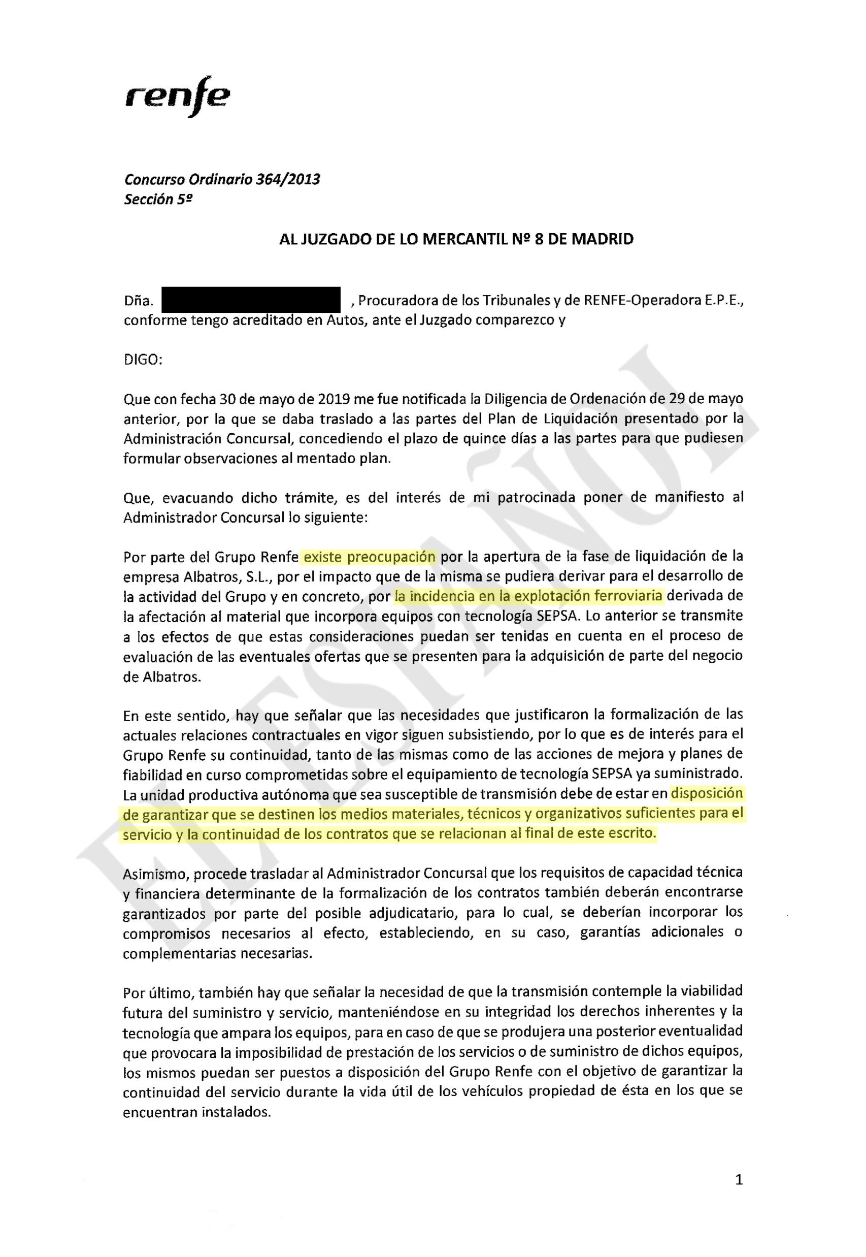 Reproducción de la carta que Renfe ha remitido al juzgado.