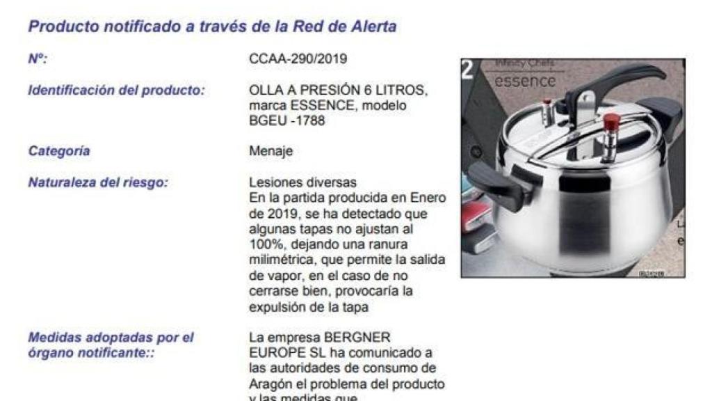 Comunicado emitido por Aecosan sobre la olla a presión