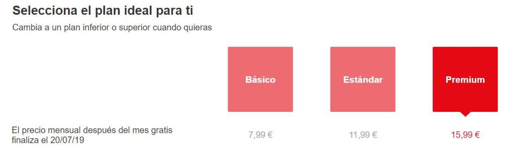 Captura de las tarifas de Netflix en su página web.