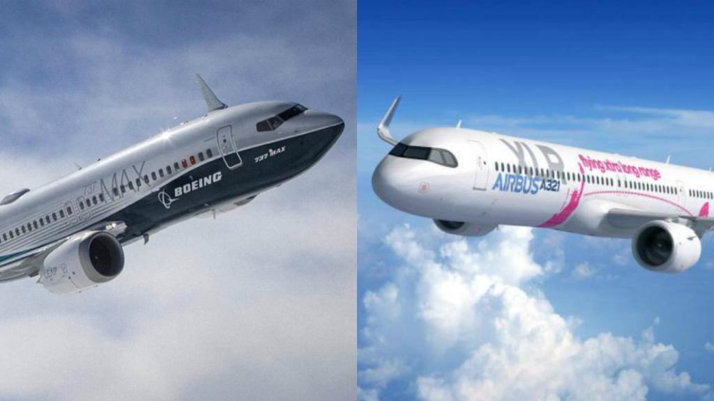 Un avión  737 MAX de Boeing  y un A321XLR de Airbus.
