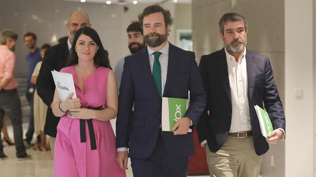 Macarena Olona, Iván Espinosa de los Monteros y Enrique Cabanas, en el Congreso.