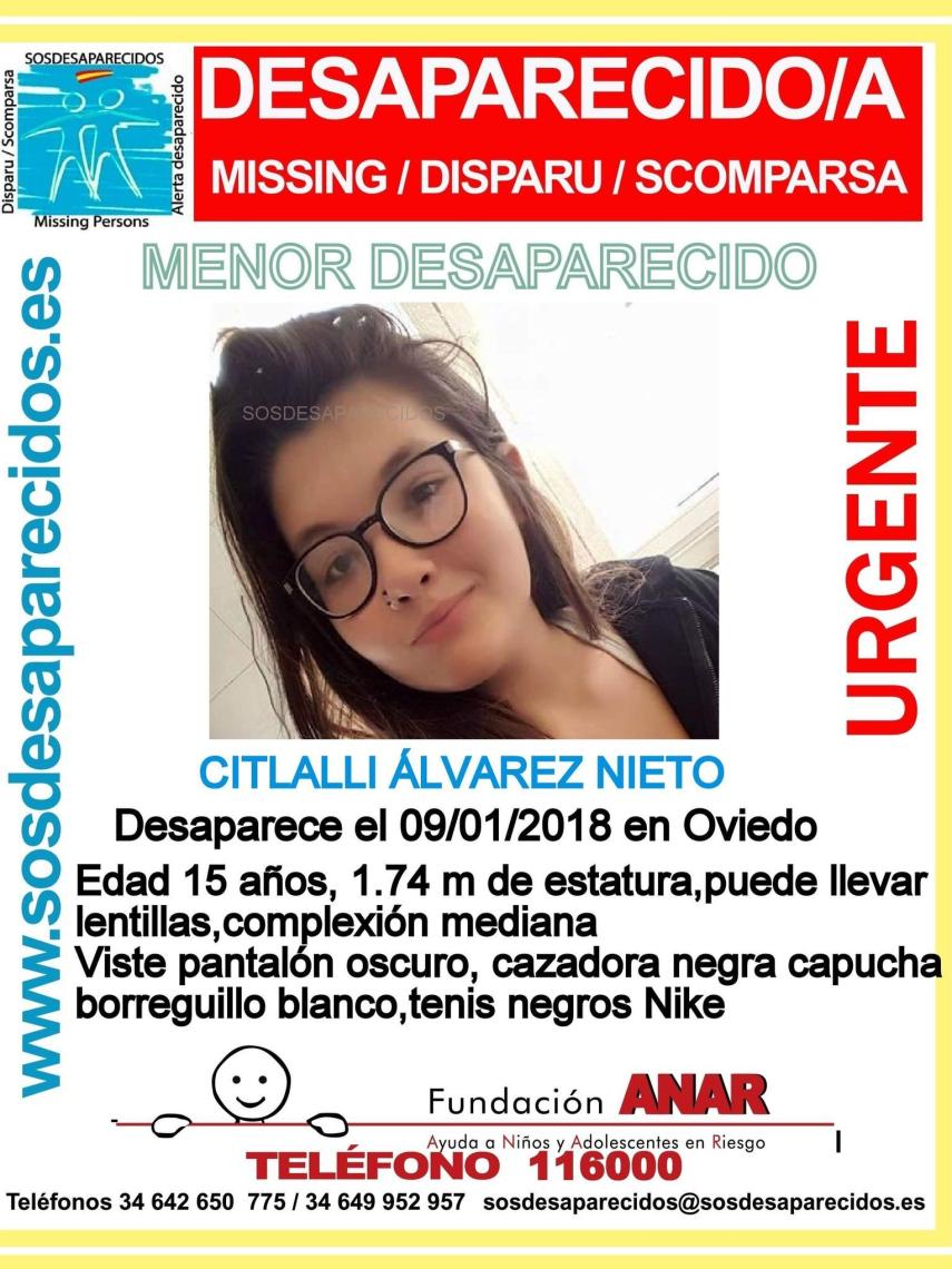 Cartel de la desaparición de Citlalli en enero del 2018.