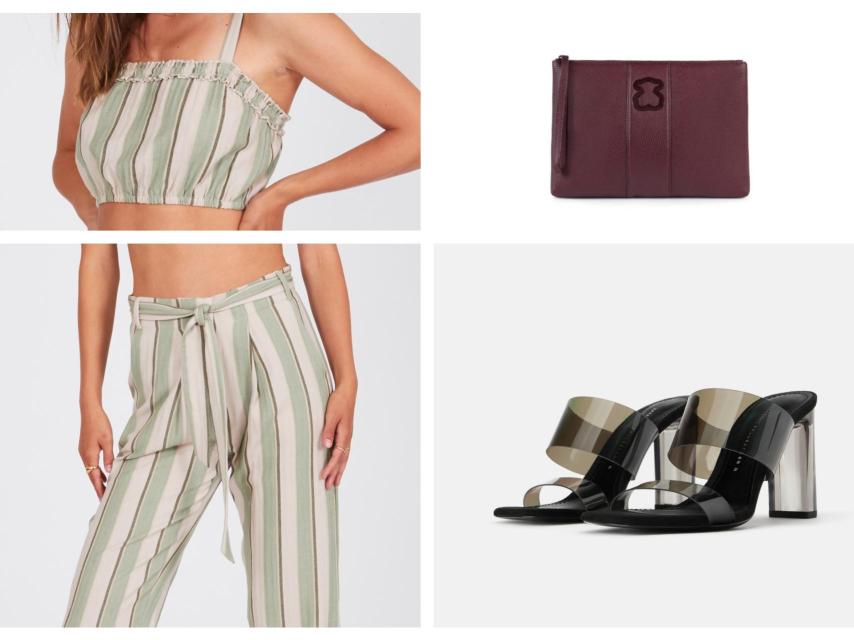 Propuesta de conjunto y complementos: top y pantalón de Amuse Society, 'clutch' de Tous y tacones de Zara.