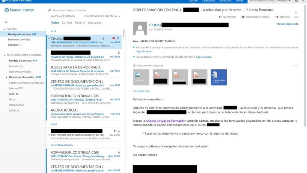 Pantallazo difundido por Anonymous Catalonia del mail corporstivo del juez Manuel Marchena.