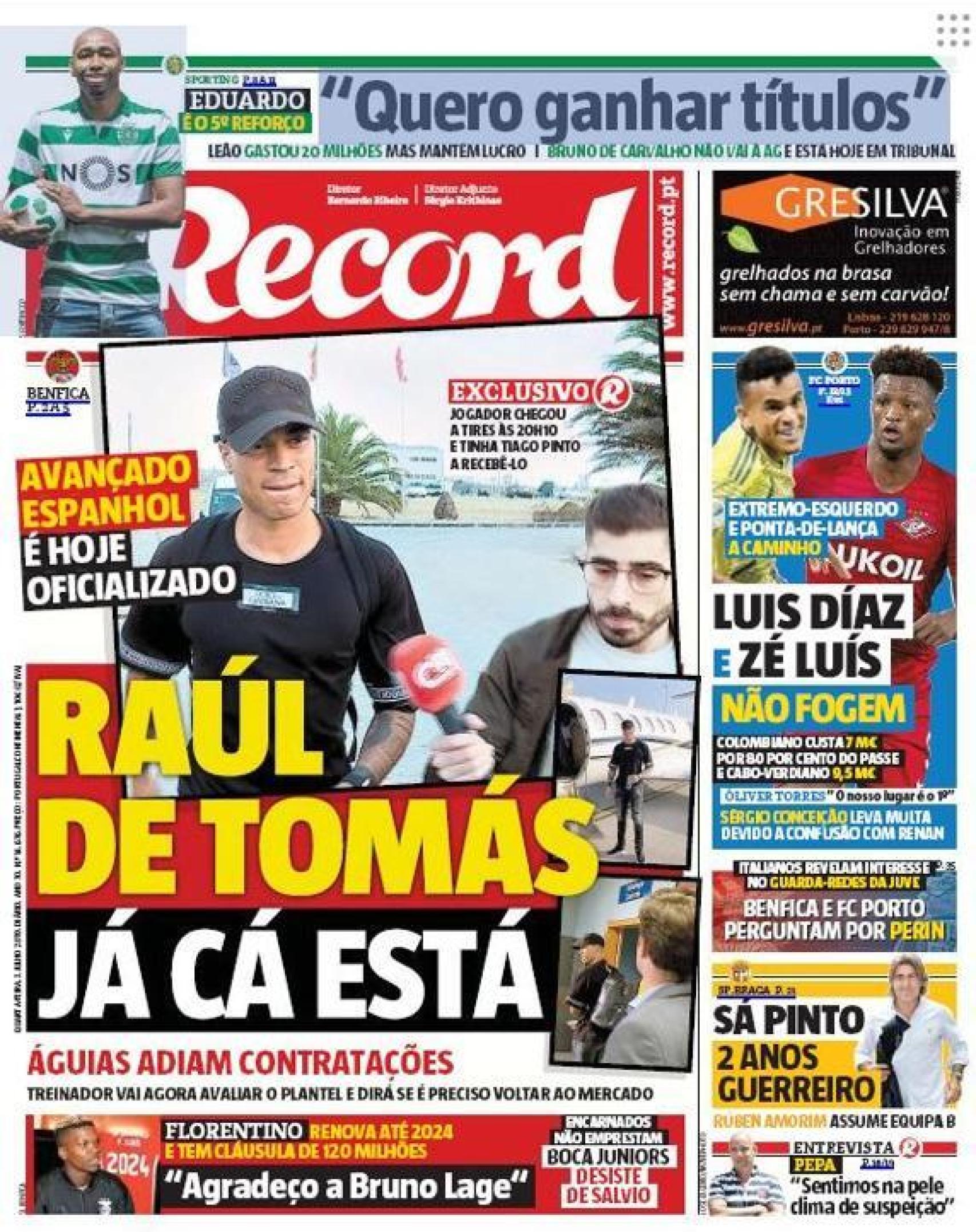 Portada del diario Record con De Tomás en el aeropuerto de Lisboa.