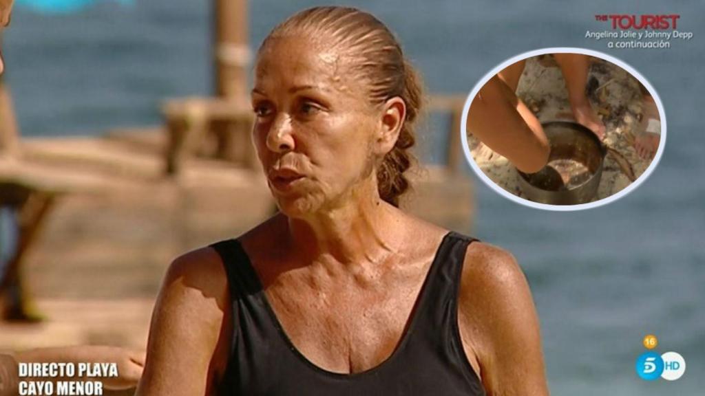 Isabel Pantoja junto a su comida de extranjis en 'Supervivientes'.