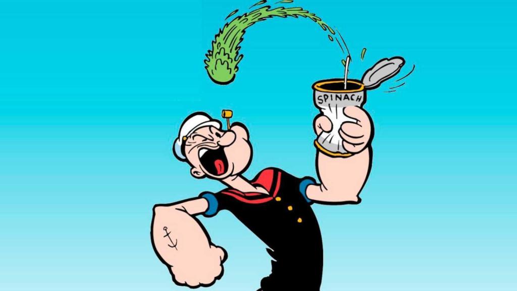 Popeye tomándose uno de sus botes de espinacas.