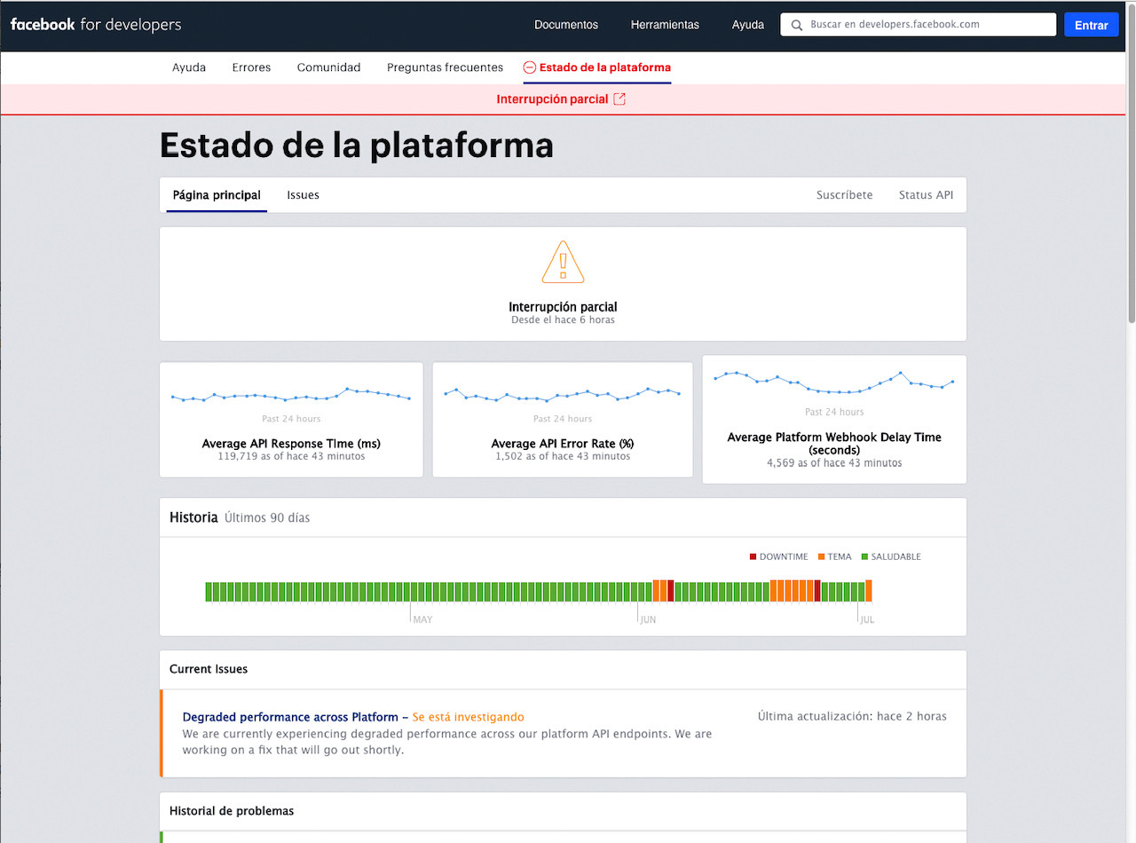 Caída global del servicio de Facebook, según ls Web de la propia Facebook. Foto A.P.