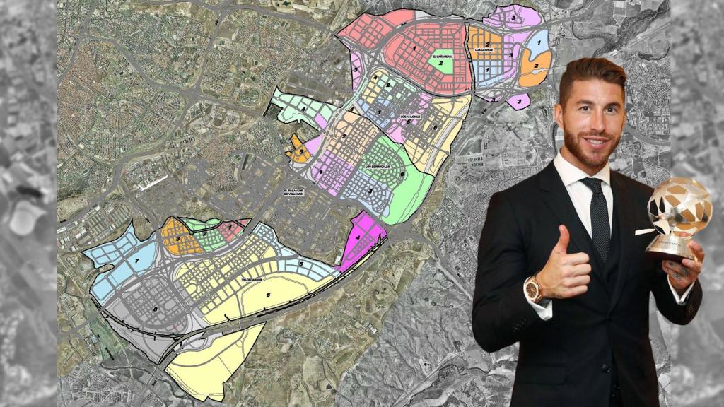 Sergio Ramos con el Balón de Oro en un fotomontaje del nuevo desarrollo del sureste de Madrid.