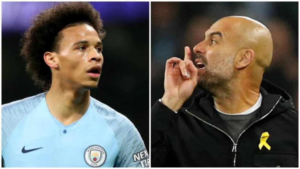 Leroy Sané, jugador del Manchester City, y su técnico Pep Guardiola.