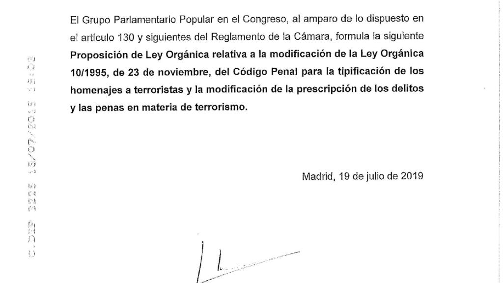Documento de la proposición de ley presentada por el PP.