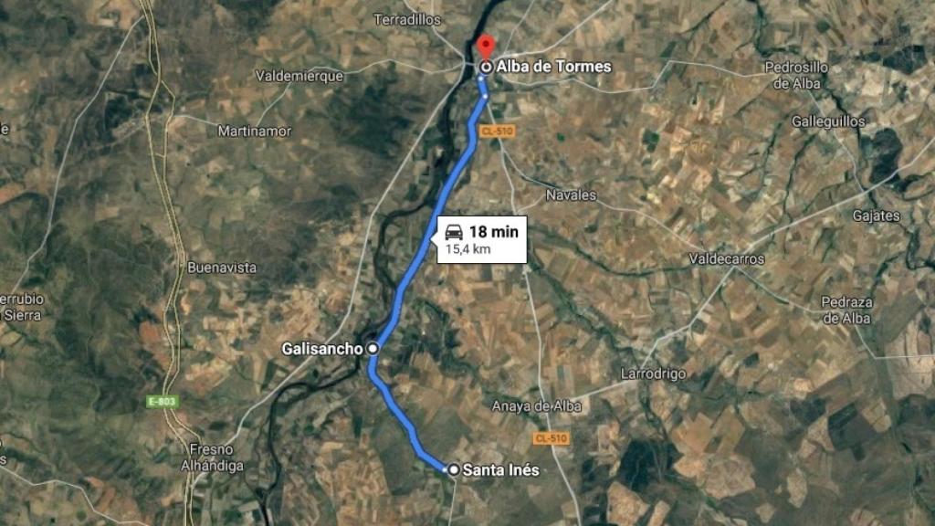 Trayecto que realizaban los jóvenes, partiendo de Santa Inés, y el punto del accidente, en Galisancho.