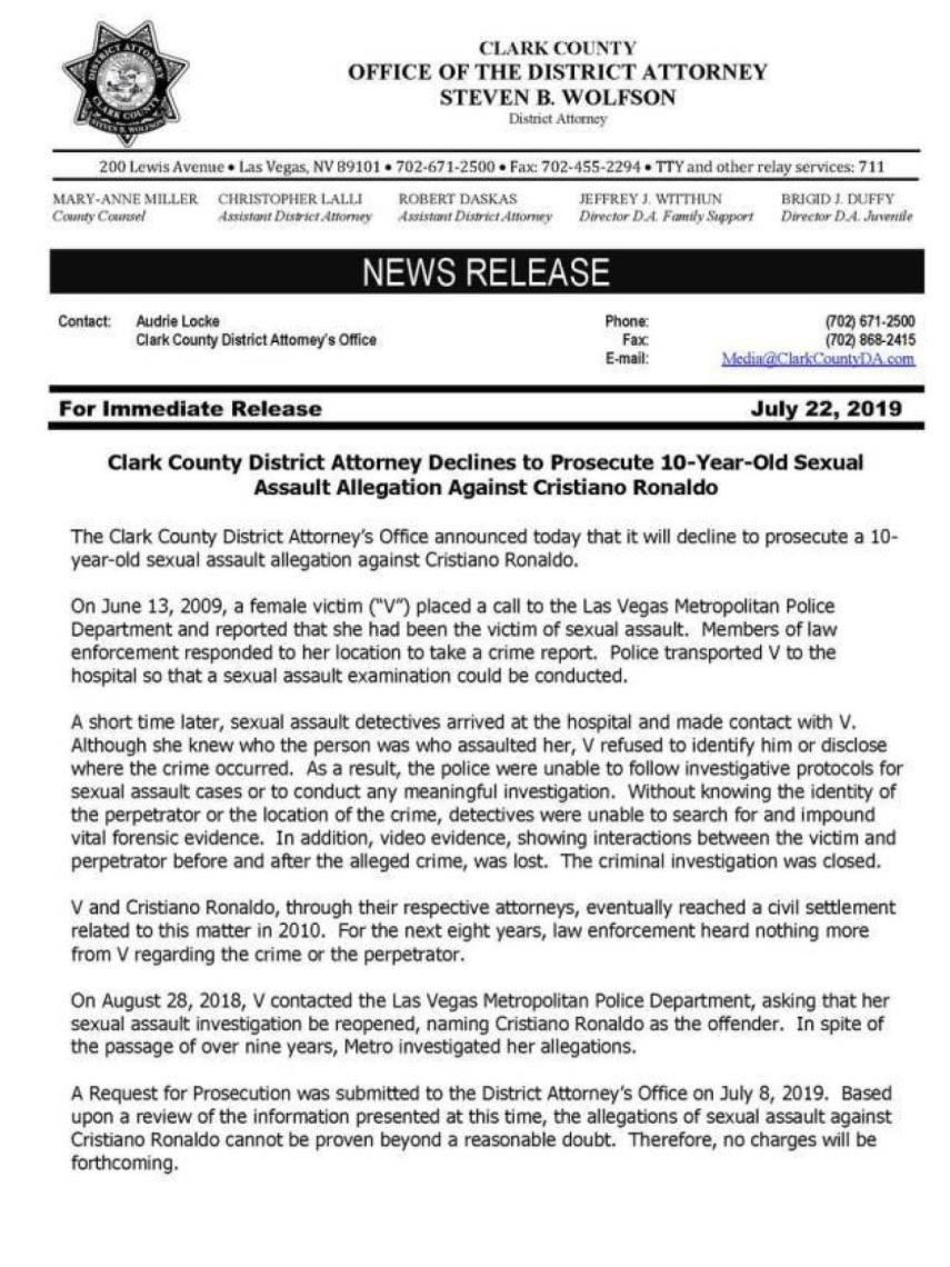 Resolución del caso de presunta violación de Cristiano Ronaldo