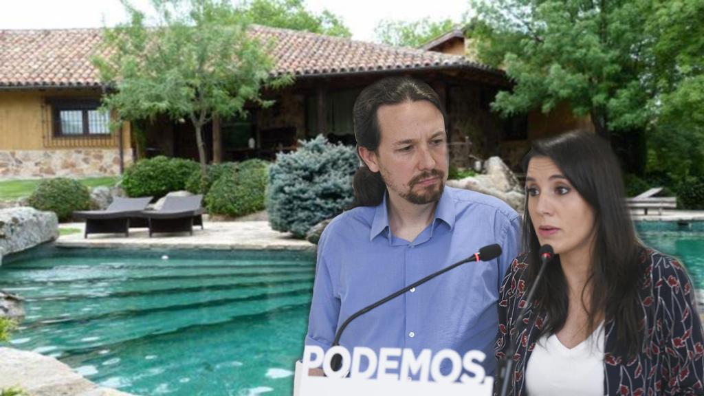 Pablo Iglesias e Irene Montero y, en el fondo, su chalé en Galapagar.